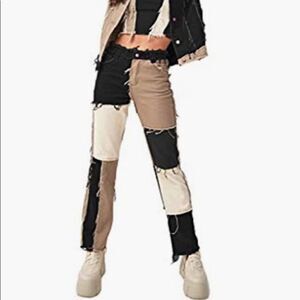 Fashion Sexy Lounge Patchwork Jeans Black/Tan/White w/Selvedge Hems size XL